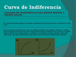 Un consumidor puede mejorar su bienestar consumiendo más de un bien bueno o menos de un bien
malo.
Se ha visto que la pendiente de la curva de utilidad o indiferencia es negativa, vale decir, a medida
que una persona recibe más de un bien, debe sacrificar alguna cantidad de otro, para que su utilidad
total no cambie. De la misma manera, a medida que una persona consume más de un bien malo,
debe recibir una mayor cantidad de un bien bueno, con el fin de que la utilidad total no cambie.
 