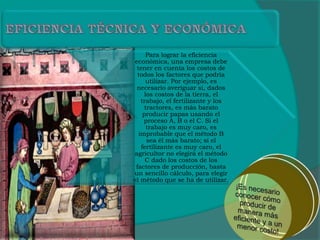 Para lograr la eficiencia
económica, una empresa debe
tener en cuenta los costos de
todos los factores que podría
utilizar. Por ejemplo, es
necesario averiguar si, dados
los costos de la tierra, el
trabajo, el fertilizante y los
tractores, es más barato
producir papas usando el
proceso A, B o el C. Si el
trabajo es muy caro, es
improbable que el método B
sea él más barato; si el
fertilizante es muy caro, el
agricultor no elegirá el método
C dado los costos de los
factores de producción, basta
un sencillo cálculo, para elegir
el método que se ha de utilizar.
 