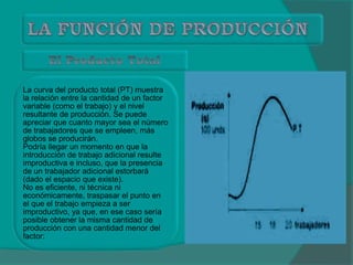 La curva del producto total (PT) muestra
la relación entre la cantidad de un factor
variable (como el trabajo) y el nivel
resultante de producción. Se puede
apreciar que cuanto mayor sea el número
de trabajadores que se empleen, más
globos se producirán.
Podría llegar un momento en que la
introducción de trabajo adicional resulte
improductiva e incluso, que la presencia
de un trabajador adicional estorbará
(dado el espacio que existe).
No es eficiente, ni técnica ni
económicamente, traspasar el punto en
el que el trabajo empieza a ser
improductivo, ya que, en ese caso sería
posible obtener la misma cantidad de
producción con una cantidad menor del
factor:
 