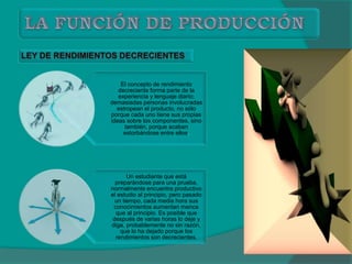 El concepto de rendimiento
decreciente forma parte de la
experiencia y lenguaje diario;
demasiadas personas involucradas
estropean el producto, no sólo
porque cada uno tiene sus propias
ideas sobre los componentes, sino
también, porque acaban
estorbándose entre ellos.
Un estudiante que está
preparándose para una prueba,
normalmente encuentra productivo
el estudio al principio, pero pasado
un tiempo, cada media hora sus
conocimientos aumentan menos
que al principio. Es posible que
después de varias horas lo deje y
diga, probablemente no sin razón,
que lo ha dejado porque los
rendimientos son decrecientes.
 