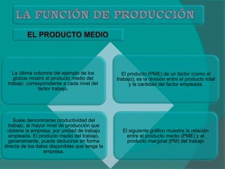 La última columna del ejemplo de los
globos mostró el producto medio del
trabajo, correspondiente a cada nivel del
factor trabajo.
El producto (PME) de un factor (como el
trabajo), es la división entre el producto total
y la cantidad del factor empleada.
Suele denominarse productividad del
trabajo, al mayor nivel de producción que
obtiene la empresa, por unidad de trabajo
empleada. El producto medio del trabajo,
generalmente, puede deducirse en forma
directa de los datos disponibles que tenga la
empresa.
El siguiente gráfico muestra la relación
entre el producto medio (PME) y el
producto marginal (PM) del trabajo
 