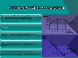 Observando que la utilidad total aumenta a medida que se consume
más chocolates, hasta el punto en el cual la cantidad es 4. La utilidad
total es de 20 útiles para las 4 unidades de chocolates,
permaneciendo al mismo nivel para la quinta unidad y disminuyendo
luego a 18 útiles para la sexta.
Por lo tanto:
Utilidad Total: Cantidad total de satisfacción derivada por un
consumidor en el consumo de un determinado número de unidades
de un bien.
Utilidad Marginal: Cambio en la utilidad total, que se experimenta por
cada unidad consumida del bien. (Es la utilidad que se ha
adicionado).
Si se unen las porciones superiores de los rectángulos que
representan la utilidad total y marginal mediante una línea continua,
obtendremos la curva de utilidad total y marginal respectivamente,
 