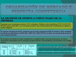 LA DECISIÓN DE OFERTA A CORTO PLAZO DE LA
EMPRESA
Suponga que la empresa produce 1001 unidades. Obtiene como beneficios (IT-CT)=100.100 -
80.050, igual a $20.050. ¿Le conviene producir una unidad adicional? Analizando el ingreso y
costo marginal.
El ingreso marginal es $100, mientras que el costo marginal es $80 Si produce 1002 unidades
aumenta sus beneficios a $100.200 - $80.130 = $20.070 Por lo tanto, es conveniente producir
una unidad adicional.
Si el precio es inferior al costo marginal en un determinado nivel de producción, el mismo
argumento demuestra que la empresa puede obtener más beneficios produciendo una unidad
menos.
Si la empresa está produciendo 1002 unidades, tiene como
beneficios $100.200- $80.180 = $20.020. ¿Le conviene
reducir la producción?. Claramente se ve que el costo
marginal es mayor que el ingreso marginal (130>100). Por
lo tanto, si produce una unidad menos(1.001 unidades)
obtiene mayor beneficio, 100.100 - 80.050= $20.050.
 
