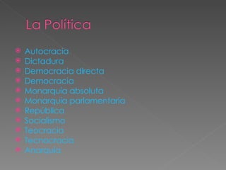 Autocracia   Dictadura   Democracia directa   Democracia   Monarquía absoluta   Monarquía parlamentaria   República   Socialismo   Teocracia   Tecnocracia   Anarquia   