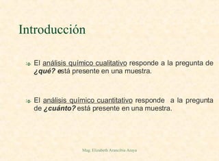 Introducción El  análisis químico cualitativo  responde a la pregunta de  ¿qué? e stá presente en una muestra. El  análisis químico cuantitativo  responde  a la pregunta de  ¿cuánto?  está presente en una muestra. 