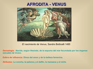 AFRODITA - VENUS El nacimiento de Venus , Sandro Botticelli 1485 Genealogía:  Nacida, según Hesíodo, de la espuma del mar fecundada por los órganos sexuales de Urano. Esfera de influencia:  Diosa del amor y de la belleza femenina. Atributos:  La concha, la paloma y el delfín, la manzana y el mirto 