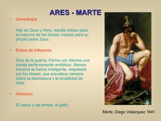 ARES - MARTE Genealogía: Hijo de Zeus y Hera, resulta odioso para la mayoría de los dioses, incluso para su propio padre Zeus. Esfera de influencia: Dios de la guerra. Forma con Atenea una pareja perfectamente antitética. Atenea encarna la fuerza inteligente, respetada por los dioses, que prevalece siempre sobre la desmesura y la brutalidad de Ares. Atributos : El casco y las armas, el gallo. Marte , Diego Velázquez 1641 