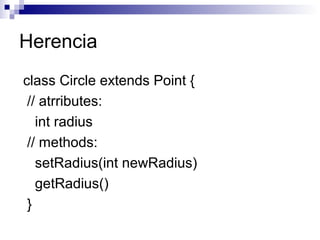 Herencia
class Circle extends Point {
// atrributes:
int radius
// methods:
setRadius(int newRadius)
getRadius()
}
 