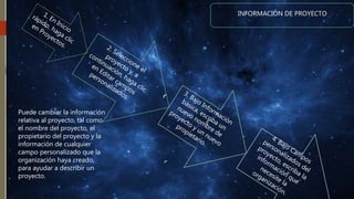INFORMACIÓN DE PROYECTO
Puede cambiar la información
relativa al proyecto, tal como
el nombre del proyecto, el
propietario del proyecto y la
información de cualquier
campo personalizado que la
organización haya creado,
para ayudar a describir un
proyecto.
 