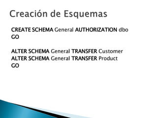 CREATE   SCHEMA  General  AUTHORIZATION  dbo GO ALTER   SCHEMA  General  TRANSFER  Customer ALTER   SCHEMA  General  TRANSFER  Product GO 