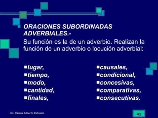 ORACIONES SUBORDINADAS ADVERBIALES.- Su función es la de un adverbio. Realizan la función de un adverbio o locución adverbial: causales,  condicional,  concesivas,  comparativas,  consecutivas. lugar,  tiempo,  modo,  cantidad,  finales,  
