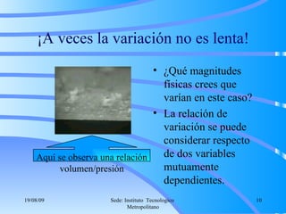 ¡A veces la variación no es lenta! ¿Qué magnitudes físicas crees que varían en este caso? La relación de variación se puede considerar respecto de dos variables mutuamente dependientes. Aquí se observa una relación volumen/presión 06/06/09 Sede: Instituto  Tecnologico  Metropolitano 