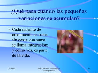¿Qué pasa cuando las pequeñas variaciones se acumulan? Cada instante de crecimiento se suma sin cesar, esa suma se llama integración; y como ves, es parte de la vida. 06/06/09 Sede: Instituto  Tecnologico  Metropolitano 