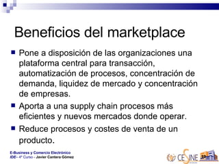 Beneficios del marketplace Pone a disposición de las organizaciones una plataforma central para transacción, automatización de procesos, concentración de demanda, liquidez de mercado y concentración de empresas.  Aporta a una supply chain procesos más eficientes y nuevos mercados donde operar.  Reduce procesos y costes de venta de un producto .  