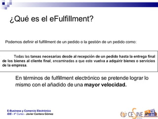 ¿Qué es el eFulfillment? En términos de fulfillment electrónico se pretende lograr lo mismo con el añadido de una  mayor velocidad.  Podemos definir el fulfillment de un pedido o la gestión de un pedido como: 