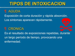   TIPOS DE INTOXICACION   AGUDA Exposición de corta duración y rápida absorción. Los síntomas aparecen rápidamente. CRONICA Es el resultado de exposiciones repetidas, durante un largo período de tiempo, provocando una  enfermedad. 