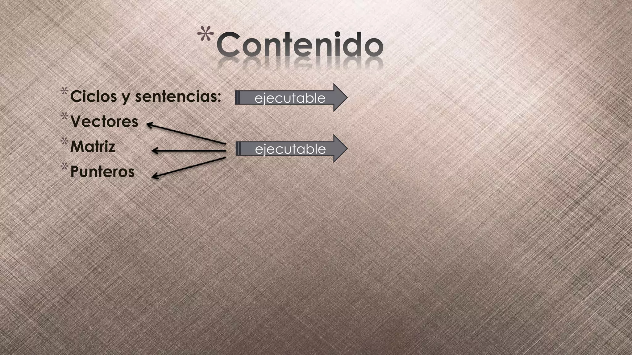 *
*Ciclos y sentencias:
*Vectores
*Matriz
*Punteros
ejecutable
ejecutable
 