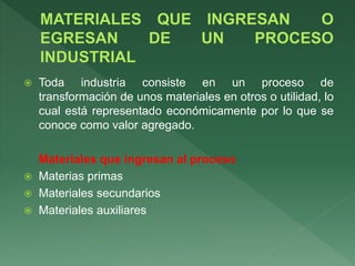  Toda industria consiste en un proceso de
transformación de unos materiales en otros o utilidad, lo
cual está representado económicamente por lo que se
conoce como valor agregado.
Materiales que ingresan al proceso
 Materias primas
 Materiales secundarios
 Materiales auxiliares
 