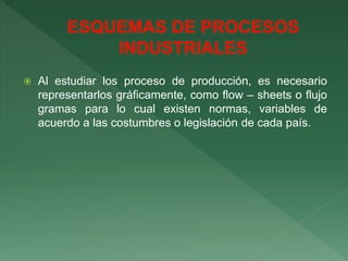  Al estudiar los proceso de producción, es necesario
representarlos gráficamente, como flow – sheets o flujo
gramas para lo cual existen normas, variables de
acuerdo a las costumbres o legislación de cada país.
 