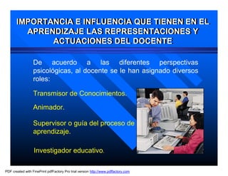 IMPORTANCIA E INFLUENCIA QUE TIENEN EN EL
        IMPORTANCIA E INFLUENCIA QUE TIENEN EN EL
          APRENDIZAJE LAS REPRESENTACIONES Y
          APRENDIZAJE LAS REPRESENTACIONES Y
               ACTUACIONES DEL DOCENTE
               ACTUACIONES DEL DOCENTE

                  De acuerdo a las diferentes perspectivas
                  psicológicas, al docente se le han asignado diversos
                  roles:

                  Transmisor de Conocimientos.

                  Animador.

                  Supervisor o guía del proceso de
                  aprendizaje.

                  Investigador educativo.

PDF created with FinePrint pdfFactory Pro trial version http://www.pdffactory.com
 