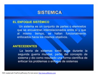SISTEMICA

               EL ENFOQUE SISTÉMICO
                   Un sistema es un conjunto de partes o elemnetos
                  que se encuentran interrelacionados entre sí y que
                  al mismo tiempo, se hallan funcionalmente
                  enfocados hacia los mismos objetivos.


               ANTECEDENTES
                        La teoria de sistemas tomó auge durante la
                       segunda guerra mundial, partió del concepto de
                       sistema y dio como resultado una forma científica de
                       enfocar los problemas o enfoque de sistemas


PDF created with FinePrint pdfFactory Pro trial version http://www.pdffactory.com
 
