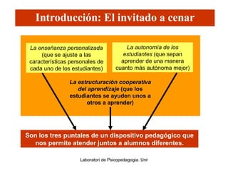 La enseñanza personalizada  (que se ajuste a las características personales de cada uno de los estudiantes) La autonomía de los estudiantes  (que sepan aprender de una manera cuanto más autónoma mejor) Introducción: El invitado a cenar La estructuración cooperativa del aprendizaje  (que los estudiantes se ayuden unos a otros a aprender) Son los tres puntales de un dispositivo pedagógico que nos permite atender juntos a alumnos diferentes. 