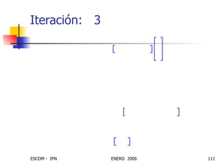 Iteración:  3 e 2   t 2   a 2   t 1 a 2   1 – 0.64 –   0.36 – = – = – = – = W 3   W 2   2  e 2   p T 2   + 1.1040 0.0160 0.0160 – = = W    1 0 0 = a 2   W 2   p 2   W 2   p 1 0.96 0.16 0.16 – 1 – 1 1 – 0.64 – = = = = 