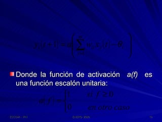 Donde la función de activación  a(f)  es una función escalón unitaria: 