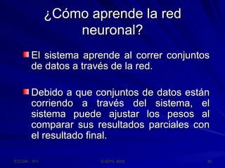 ¿Cómo aprende la red neuronal? El sistema aprende al correr conjuntos de datos a través de la red. Debido a que conjuntos de datos están corriendo a través del sistema, el sistema puede ajustar los pesos al comparar sus resultados parciales con el resultado final. 