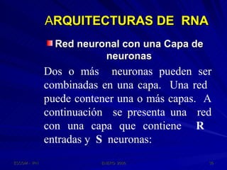 A RQUITECTURAS DE  RNA Red neuronal con una Capa de neuronas Dos o más  neuronas pueden ser combinadas en una capa.  Una red  puede contener una o más capas.  A continuación  se presenta una  red con una capa que contiene  R   entradas y  S   neuronas: 
