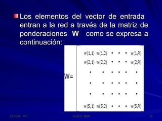 Los elementos del vector de entrada  entran a la red a través de la matriz de ponderaciones  W  como se expresa a continuación: 