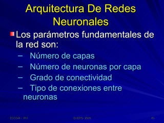 Arquitectura De Redes Neuronales Los parámetros fundamentales de la red son: Número de capas Número de neuronas por capa Grado de conectividad Tipo de conexiones entre neuronas 