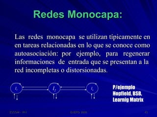 Redes Monocapa: l 1 l n l 2 Las  redes  monocapa  se utilizan típicamente en  en tareas relacionadas en lo que se conoce como autoasociación:  por  ejemplo,  para  regenerar  informaciones  de  entrada que se presentan a la red incompletas o distorsionadas . P/ejemplo  Hopfield, BSB, Learnig Matrix 