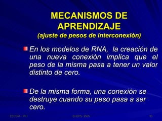MECANISMOS DE APRENDIZAJE (ajuste de pesos de interconexión) En los modelos de RNA,  la creación de una nueva conexión implica que el peso de la misma pasa a tener un valor distinto de cero. De la misma forma, una conexión se destruye cuando su peso pasa a ser cero. 