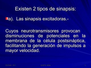 Existen 2 tipos de sinapsis: a).  Las sinapsis excitadoras.- Cuyos neurotransmisores provocan  disminuciones de potenciales en la membrana de la célula postsináptica, facilitando la generación de impulsos a mayor velocidad. 