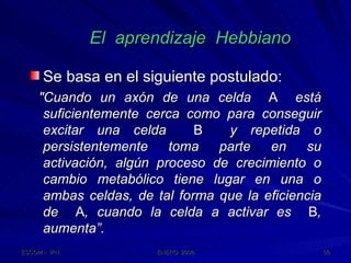 El  aprendizaje  Hebbiano Se basa en el siguiente postulado: "Cuando un axón de una celda  A   está suficientemente cerca como para conseguir excitar una celda  B   y repetida o persistentemente toma parte en su activación, algún proceso de crecimiento o cambio metabólico tiene lugar en una o ambas celdas, de tal forma que la eficiencia de  A , cuando la celda a activar es  B , aumenta”. 
