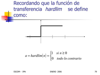 Recordando que la función de transferencia  hardlim   se define como: a n=Wp+b n 