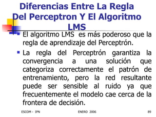 El algoritmo LMS  es más poderoso que la regla de aprendizaje del Perceptrón. La regla del Perceptrón garantiza la convergencia a una solución que categoriza correctamente el patrón de entrenamiento, pero la red resultante puede ser sensible al ruido ya que frecuentemente el modelo cae cerca de la frontera de decisión. Diferencias Entre La Regla Del Perceptron Y El Algoritmo LMS 
