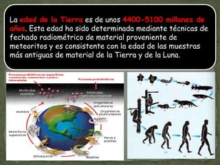 La edad de la Tierra es de unos 4400-5100 millones de años. Esta edad ha sido determinada mediante técnicas de fechado radiométrico de material proveniente de meteoritos y es consistente con la edad de las muestras más antiguas de material de la Tierra y de la Luna.
