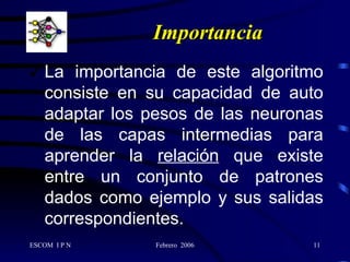 La importancia de este algoritmo consiste en su capacidad de auto adaptar los pesos de las neuronas de las capas intermedias para aprender la  relación  que existe entre un conjunto de patrones dados como ejemplo y sus salidas correspondientes. Importancia  
