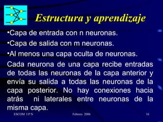 Estructura y aprendizaje Capa de entrada con n neuronas. Capa de salida con m neuronas. Al menos una capa oculta de neuronas. Cada neurona de una capa recibe entradas de todas las neuronas de la capa anterior y envía su salida a todas las neuronas de la capa posterior. No hay conexiones hacia atrás  ni laterales entre neuronas de la misma capa. 
