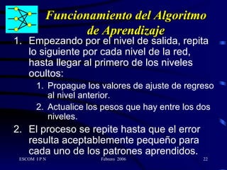 Funcionamiento del Algoritmo de Aprendizaje Empezando por el nivel de salida, repita lo siguiente por cada nivel de la red, hasta llegar al primero de los niveles ocultos: Propague los valores de ajuste de regreso al nivel anterior. Actualice los pesos que hay entre los dos niveles. El proceso se repite hasta que el error resulta aceptablemente pequeño para cada uno de los patrones aprendidos. 