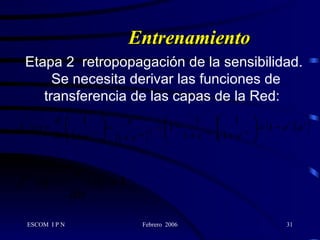 Entrenamiento Etapa 2  retropopagación de la sensibilidad.  Se necesita derivar las funciones de transferencia de las capas de la Red:   