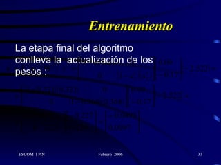 Entrenamiento La etapa final del algoritmo conlleva la  actualización de los pesos   :   
