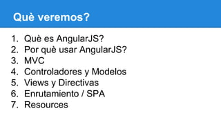 Què veremos?
1.
2.
3.
4.
5.
6.
7.

Què es AngularJS?
Por què usar AngularJS?
MVC
Controladores y Modelos
Views y Directivas
Enrutamiento / SPA
Resources

 