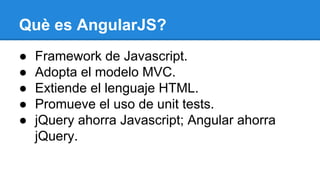 Què es AngularJS?
●
●
●
●
●

Framework de Javascript.
Adopta el modelo MVC.
Extiende el lenguaje HTML.
Promueve el uso de unit tests.
jQuery ahorra Javascript; Angular ahorra
jQuery.

 
