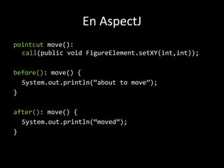 En AspectJpointcutmove(): call(publicvoidFigureElement.setXY(int,int));before(): move() {System.out.println(“abouttomove”);}after(): move() { System.out.println(“moved”);}