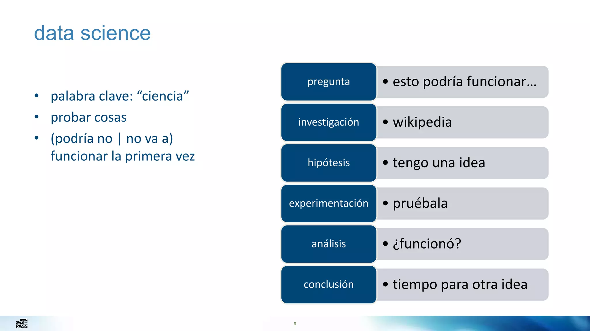 9
data science
• palabra clave: “ciencia”
• probar cosas
• (podría no | no va a)
funcionar la primera vez
• esto podría funcionar…pregunta
• wikipediainvestigación
• tengo una ideahipótesis
• pruébalaexperimentación
• ¿funcionó?análisis
• tiempo para otra ideaconclusión
 