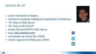 acerca de mi
2
 senior consultant en Nagnoi
 enfoque en business intelligence & application architecture
 15+ años en SQL Server
 10+ años en BI & OLAP
 6 años Microsoft MVP in SQL Server
 blog: www.alankoo.com
 co-fundador de Puerto Rico PASS
 mentor regional de PASS para LATAM
 