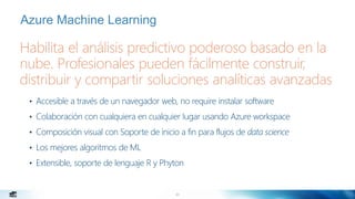 23
Habilita el análisis predictivo poderoso basado en la
nube. Profesionales pueden fácilmente construir,
distribuir y compartir soluciones analíticas avanzadas
Azure Machine Learning
• Accesible a través de un navegador web, no require instalar software
• Colaboración con cualquiera en cualquier lugar usando Azure workspace
• Composición visual con Soporte de inicio a fin para flujos de data science
• Los mejores algoritmos de ML
• Extensible, soporte de lenguaje R y Phyton
 